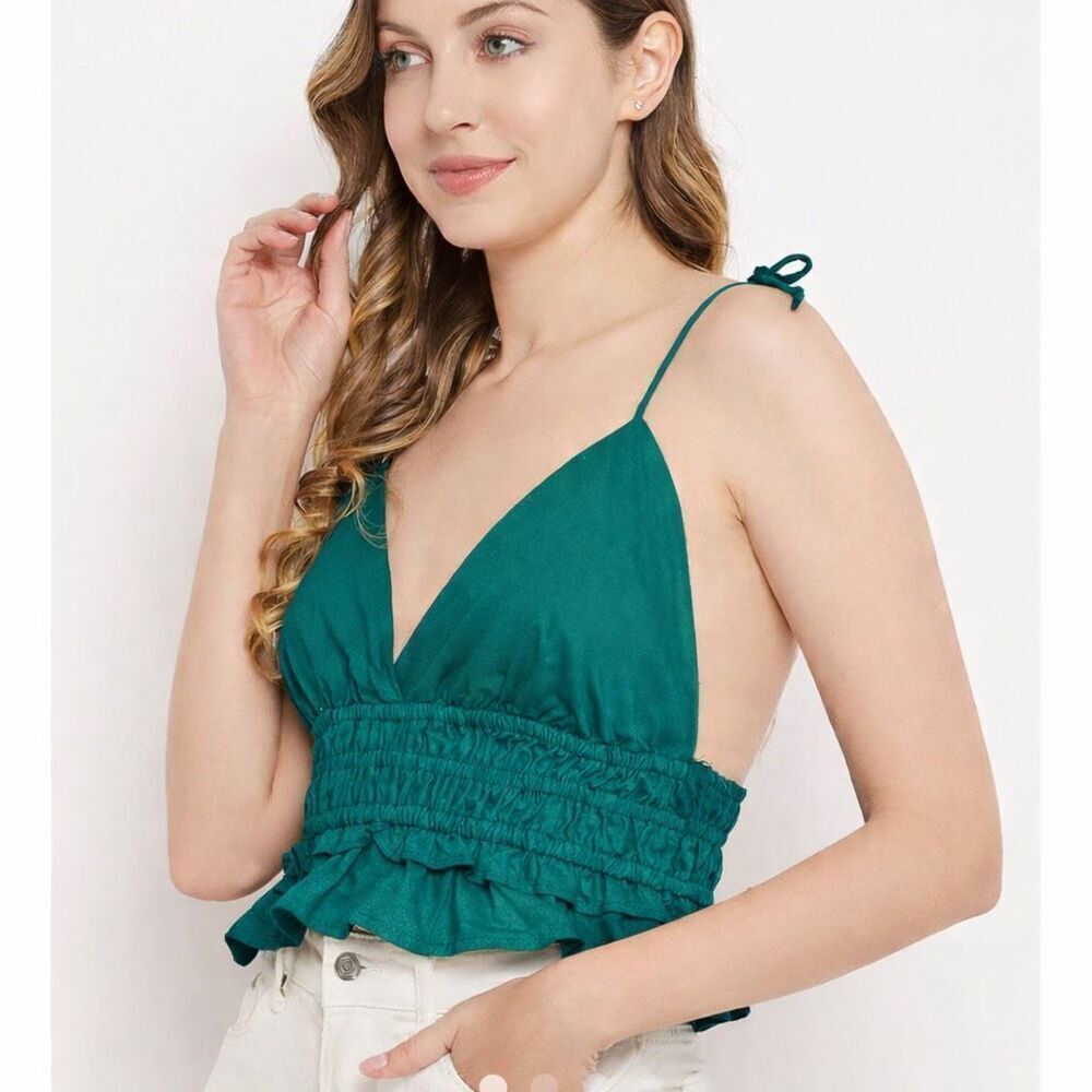 Sim & Sam Teal blue green ruched crop top strappy smocked waist size M